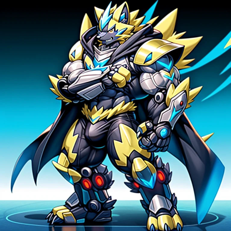 (Pokémon) Zeraora's giant robot. big muscle. GIANT. pecs, triceps, traps, waist narrow.
body full of huge muscles. bulge in the crotch, He wears a black cloak on his back. The cloak is so long that it touches the ground, crossed arms. The claws are sharp,
Sharp teeth, Protecting Zeraora's design and color scheme. bulge in the crotch, 
Wearing cyberpunk mecha,
Wearing full plate armor
Its full plate armor emphasizes the muscles.
a knight's mechanical armor,
glowing wide and heavy armor,
He wears the same armor as himself from head to foot.
a furry hero.