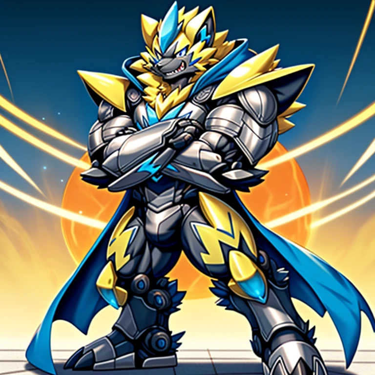 (Pokémon) Zeraora's giant robot. big muscle. GIANT. pecs, triceps, traps, waist narrow.
body full of huge muscles. bulge in the crotch, He wears a black cloak on his back. The cloak is so long that it touches the ground, crossed arms. The claws are sharp,
Sharp teeth, Protecting Zeraora's design and color scheme. bulge in the crotch,
Wearing cyberpunk mecha,
Wearing full plate armor
Its full plate armor emphasizes the muscles.
a knight's mechanical armor,
glowing wide and heavy armor,
He wears the same armor as himself from head to foot.
a furry hero.