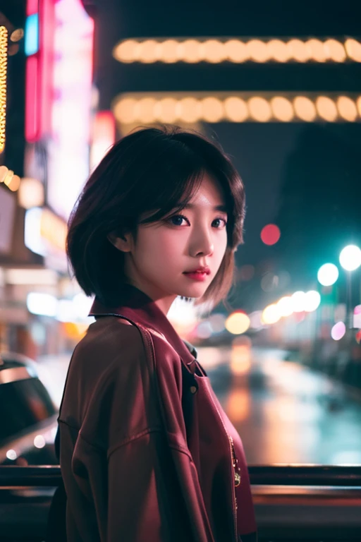 (Cinematic aesthetics:1.4) Bokeh city night photo of beautiful Korean fashion model