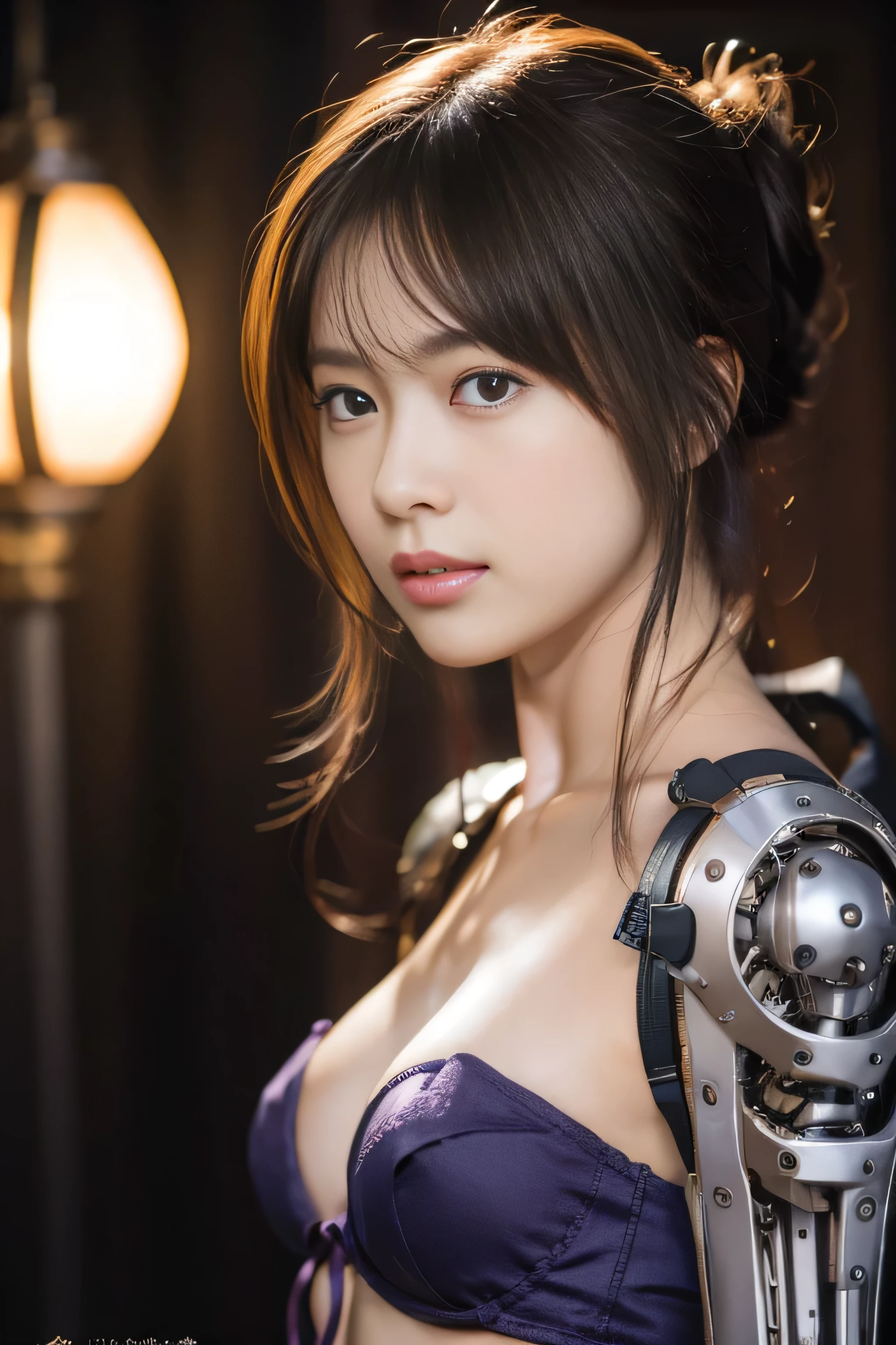 highest quality, masterpiece, Ultra-high resolution, (Realistic: 1.4), RAW Photos, Blonde Hair, Glowing Skin, (1. Mechanical Girl), (Ultra-Realistic Details), Portraiture, Global Illumination, Shadow, Octane Rendering, Ultra Sharp, (Flat Chest:1.3), Bare skin exposed from cleavage, Metal, Intricate decorative details, More about Japan, Very intricate detail, Realistic Light, CGSoation Trend, Purple eyes, Shining Eyes, To the camera, (Neon Details, Mechanical Limbs, Blood vessels connected to tubes, Mechanical vertebrae attached to the back, Mechanical cervical attachment to the neck, Wires and cables connected to the head, (Gundam:1.3), Small LED Lamp:1.2), whole body, (Any pose:1.4), (Abdominal Peek:1.2), From behind,