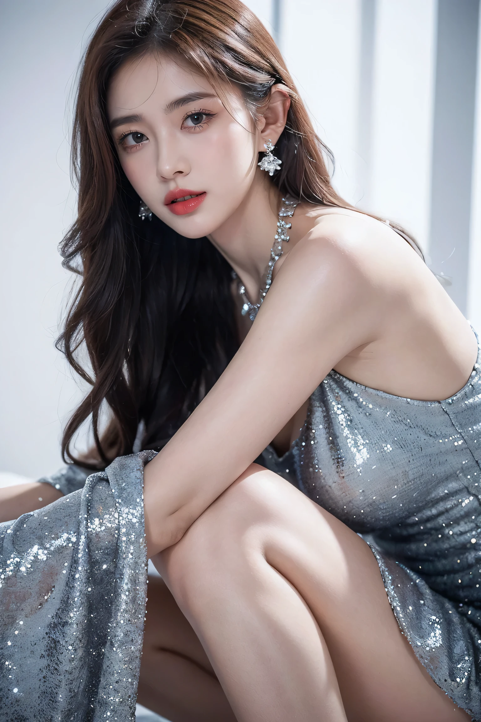 Top CG, Highest image quality, masterpiece, Gentle and beautiful girl, (185cm美女), (fit), Imperial sister, Queen temperament, White skin, ((Long legs)), perfect facial features, Bright Eyes, Seductive pose, Red lips, Beautiful and cold (A major breakthrough)), Beautiful and heroic, Soft and long hair, sparkling, Lace, net, Visible through clear skin, wear glasses, diamond earrings, ruby neckLace, (Blue evening dress), 8K Image Quality, (Realistic Portraits), Characters fill the screen, (Facial lighting), ((eternity)