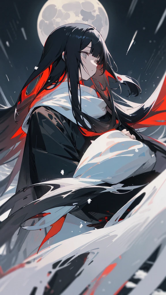 (masterpiece、highest quality)、very long black hair、very long black hairの女の1人、Black cardigan、Grim expression、Grey Eyes、Warm lighting、 Blurred foreground、night深く、High Contrast、night、In the city,it's snowing,Heavy snowfall,winter,Alone in the vast snowy field,whole body,curse,Facing forward,Huge construction,Flying with robot wings,Long Hair,真っ黒なnight,full moon,universe,Princess Kaguya