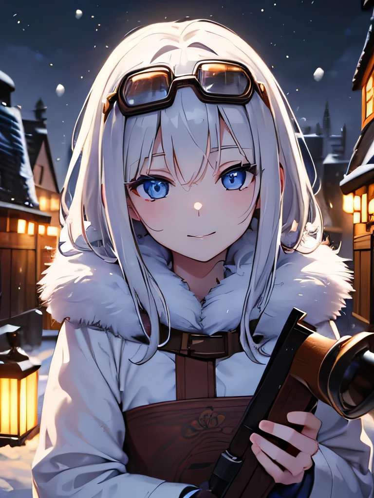 ((Very detailed)), 4K, ((Cinema Lighting)), close, Fantasy World, Cobblestone city, wooden stone house, snow, market, Market stalls, Adult female, dirty, guard,whitish hair color,Goggles on head, blue eyes, ((Beautiful Eyes)), Happy expression, Have a cannon,White fluffy coat