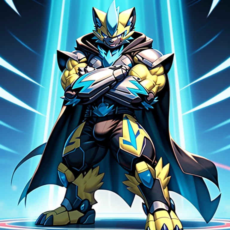 (Pokémon) Zeraora's giant robot. big muscle. GIANT. pecs, triceps, traps, waist narrow.
body full of huge muscles. bulge in the crotch, He wears a black cloak on his back. The cloak is so long that it touches the ground, crossed arms. The claws are sharp,
Sharp teeth, Protecting Zeraora's design and color scheme. bulge in the crotch,
Wearing cyberpunk mecha,
Its full plate armor emphasizes the muscles.
glowing wide and heavy armor,
He wears the same armor as himself from head to foot.
a furry hero.