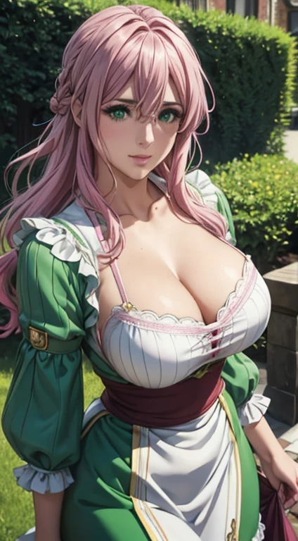 Cute Italian girl, big breasts , cleavages, Italian lady, Model, long open hair, hair floating,  green color full sleeve clothes, white apron, green eyes and pink hair, short skirt, open neckline, ultra realistic eyes , sunlight and garden background, bright purple eyes, ultra realistic detailed eyes, innocent eyes, looking at camera, beautiful smile, beautiful face ,pink color hair