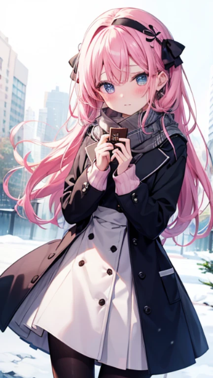、、Shyness、blush、Embarrassing、blush、、、skirt、snow原、、snow、cold、scarf、scarfを巻く、降snow高解像度、Full HD、8K quality、、、Droopy eyes、、、Eye highlights、Vivid eyes、Clear Eyes、Beautiful Eyes、avert your eyes、Embarrassing、blush、、Eye highlights、、、Eye highlights、Incredibly beautiful eyes、Black tights with pink lines、、、Valentine&#39;s Day、chocolate、両手で心臓型のchocolate持つ、、Confession、Pink Hair、Let your hair down、Straight Hair、Long Hair、Black headband