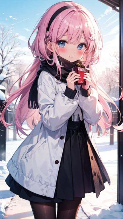 、、Shyness、blush、Embarrassing、blush、、、skirt、snow原、、snow、cold、scarf、scarfを巻く、降snow高解像度、Full HD、8K quality、、、Droopy eyes、、、Eye highlights、Vivid eyes、Clear Eyes、Beautiful Eyes、avert your eyes、Embarrassing、blush、、Eye highlights、、、Eye highlights、Incredibly beautiful eyes、Black tights with pink lines、、、Valentine&#39;s Day、chocolate、両手で心臓型のchocolate持つ、、Confession、Pink Hair、Let your hair down、Straight Hair、Long Hair、Black headband