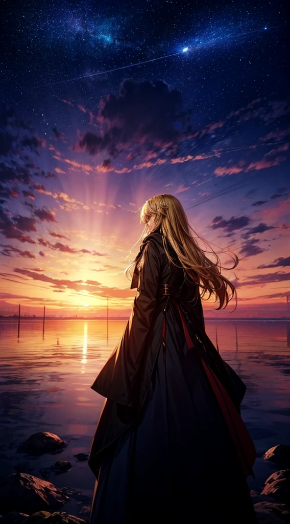 1people々々々々々々々々々々,Blonde long-haired woman,Long coat, Dress Silhouette, Rear View,Space Sky, , Anime Style, sunset,The boundary between sea and space,