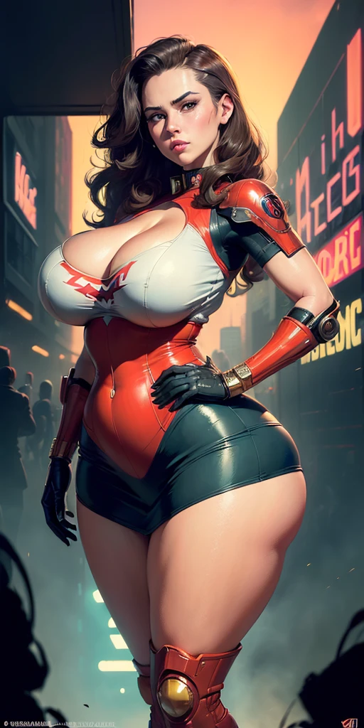American World War II poster, Gil Elvgren style ((USA Poster, American Poster)) (((A young woman with straight dark hair long size up to her waist in superhero pose))) ((detailed outfit entirely red with gold)) (cars in the background of the image) (((robotic left arm)) (((cyberpunk arm))propaganda Poster, hero uniform, 1 girl, solo, good body, poster design, poster art style. 1980s, 1950s, 1960s, 1940s, basic color scheme, very colorful poster, colorful art, third rule, inspiring, woman, 1 25-year-old girl, hair blowing in the wind, looking at the viewer, blurred background, thick legs, green eyes, (wide hips:1.2), (bbw:1.2), (huge breasts:1.3),