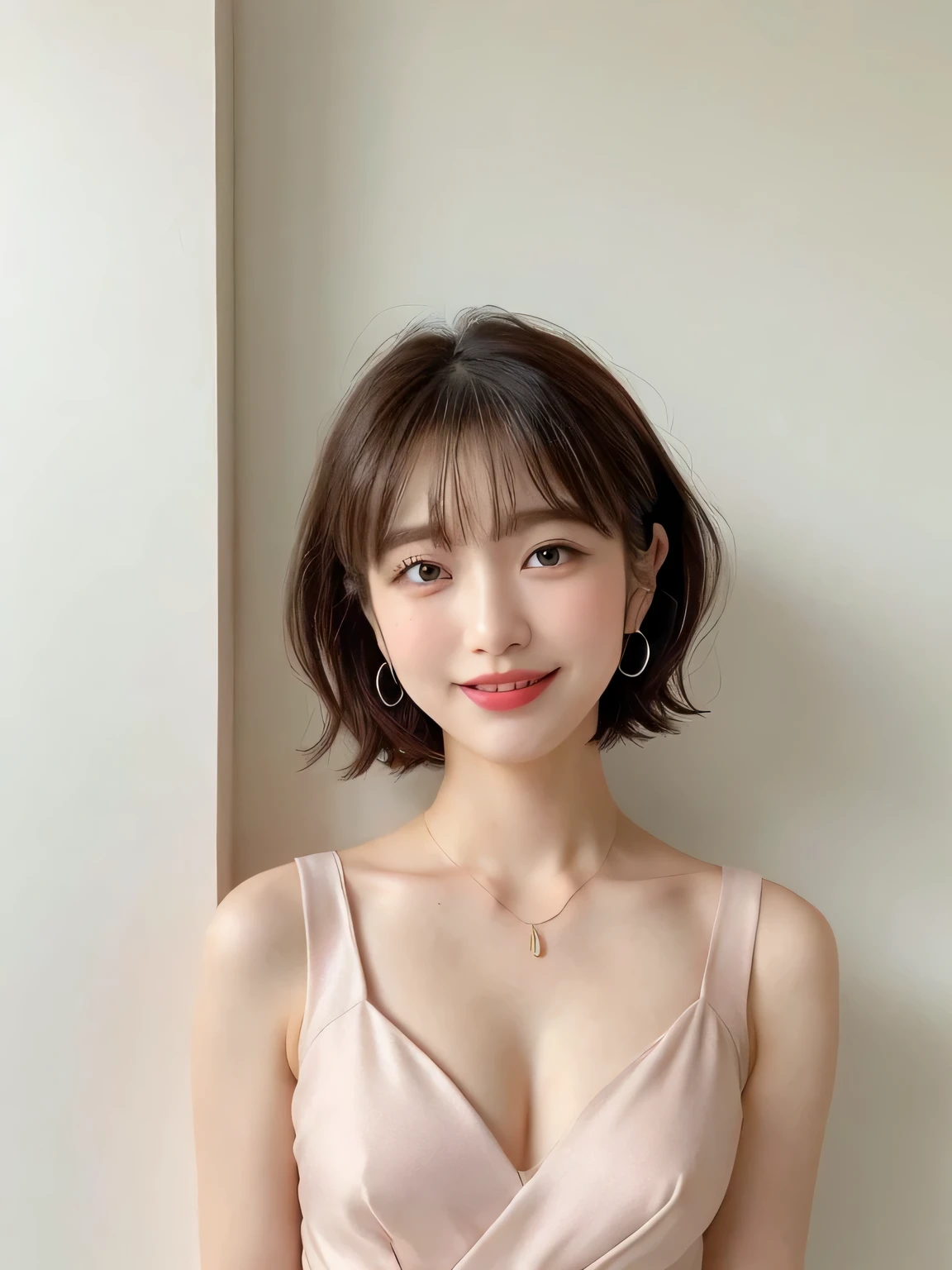 (8k, RAW Photos, highest quality, masterpiece:1.2), High-quality RAW color photos, Professional photos, (Realistic, photo Realistic:1.37), Cinematic Light, 1 girl, Laughter, White wall, Taken in front of a white door, (A room with a white wall and a window), Various poses, break (Ombre:1.3) , Simple Necklace, Spring Clothes, (Beautiful profile:1.3), profile, Dark Brown Hair色, short hair
(Full body image from thigh, Pay attention to the beautiful thighs:1.5),
20-year-old, 1 person, ((Beautiful female announcer,A kind smile:1.5)),
((Gorgeous Earrings, Silver Necklace:1.2)),
((A milky dress made of fabric that fits the body perfectly:1.5)),
((No bra, The clothes are see-through:1.2)),
((luxury hotel bedroom bed, The midsummer sun shines on the whole)),
((The large windows overlook the ocean horizon.:1.2)),
Flexible body :1.3, Model Body Type:1.5, 頭w:1.4, Perfect Style:1.4,
Realistic skin texture, Fair skin, Shiny skin,
Narrow shoulders, Beautiful clavicle, Long, slender legs,
Highly detailed face, Slim face contour, Beautiful small face, Beautiful Nose,
Ultra-detailed eyes, Slit eyes, Brown eyes, double eyelid, Ultra-thin eyebrows, Thin, long eyelashes,
Ultra-detailed lips, Plump and moisturized lips, glossy pink lips, Flushed Cheeks, ((White beautiful teeth)),
Beautiful actress's ennui makeup, Pink lipstick, Smoky eyeshadow,
Dark Brown Hair, Delicate soft hair, Hair blowing in the wind,
(Put your hair up, Medium short hair, Elegant curly hair:1.2),
Layered Cut, (Blunt bangs:1.2),
Mouth half open, Attractive look, Looking into the camera,
((Lift your face a little)),
((Chest to chest)),
((Squint your eyes)),
((Pursing your lips:1.2)),
((Cheeks turn red:1.2)),
((Flat Chest)),