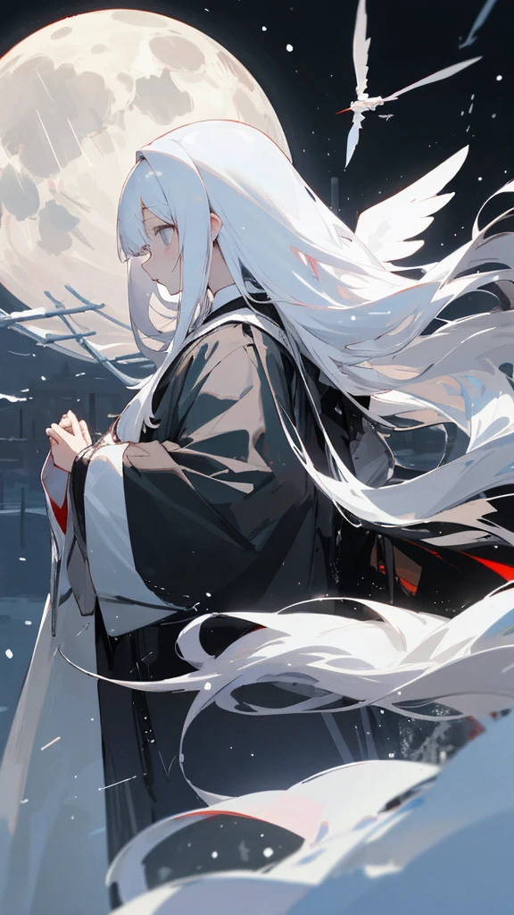 (masterpiece、highest quality)、Very long white hair、Very long white hairの女の1人、Black cardigan、Grim expression、Grey Eyes、Warm lighting、 Blurred foreground、night深く、High Contrast、night、In the city,it's snowing,Heavy snowfall,winter,Alone in the vast snowy field,whole body,curse,Facing forward,Huge construction,Flying with robot wings,Long Hair,真っ黒なnight,full moon,universe,Princess Kaguya,planet