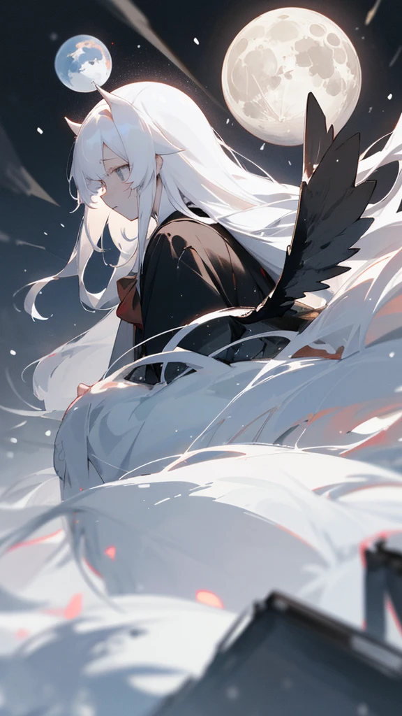 (masterpiece、highest quality)、Very long white hair、Very long white hairの女の1人、Black cardigan、Grim expression、Grey Eyes、Warm lighting、 Blurred foreground、night深く、High Contrast、night、In the city,it's snowing,Heavy snowfall,winter,Alone in the vast snowy field,whole body,curse,Facing forward,Huge construction,Flying with robot wings,Long Hair,真っ黒なnight,full moon,universe,Princess Kaguya,planet