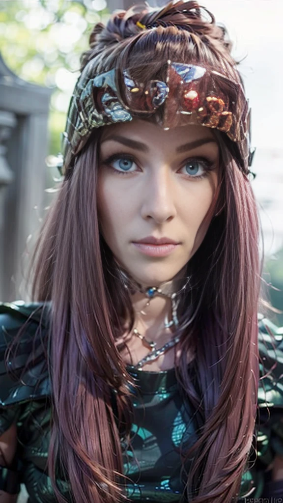 masterpiece, best quality, Ultra-high resolution, Realistic skin texture, armature, Reality, high resolution, original photo, Glowing skin, Realistic skin texture, Optimal lighting, spark, Dramatic Lighting, Dynamic poses, Greek temple background, Night Sky, universe, Milky Way, 1 Girl, Balanced Eyes, Andromeda, Pink Armor, Roman skirt, chest, cleveage, Red hair, Pink Helmet, blue eyes, Looking at the audience, Large Breasts, Smile, chain