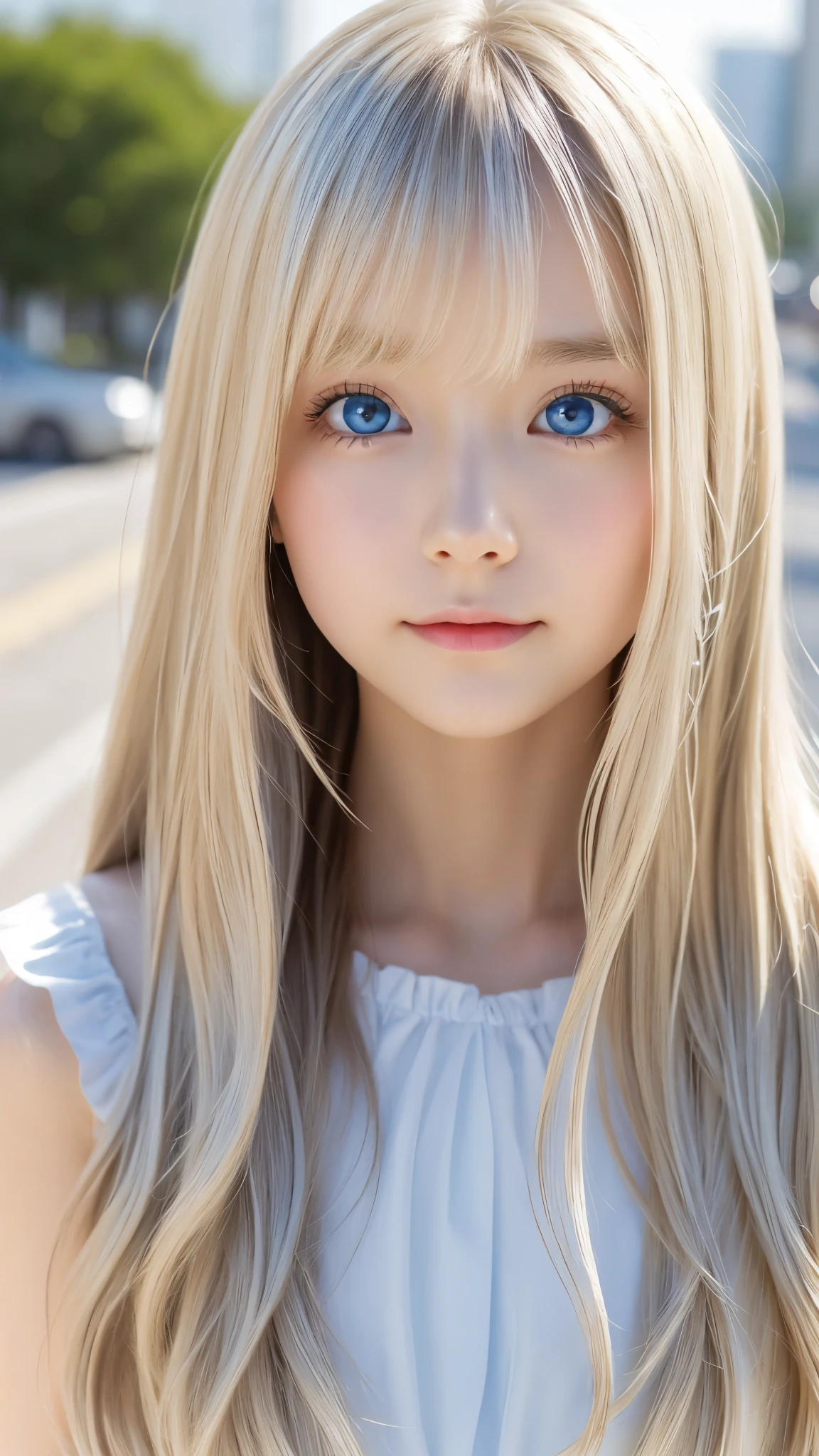 Shining, clear, white skin、Her windblown blonde hair hides her beautiful face、huge、28 years old cute sexy little beautiful face、Beautiful straight hair that stands out、growing up, Sparkling light blue eyes、long silky bangs that cover cute eyes, Sexy and cute young woman with super long hair hiding her sexy face、Super long shiny silver hair