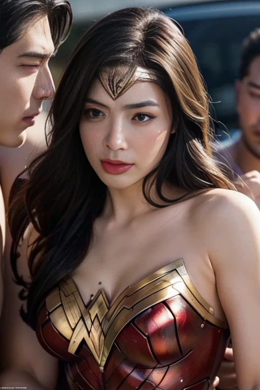 私はWonder Womanです、完璧なWonder Womanの衣装,Men lick my face with their tongues,The guys lick my head with their tongues,Men lick my hair with their tongues,My body is licked by men,sleeping face, Close ~ eyes,Open your mouth,Tired face,Face of Suffering,sleeping face,Fight with the men,Surrounded by men,,caught between men,Being held back by men,Entanglement with males, Attacked by men,Brown Hair,  masterpiece、beautiful girl、fine 目、puffy eyes、highest quality, 超High resolution, (reality: 1.4), Cinema Lighting,so beautiful、Beautiful Skin、(超reality的な)、(High resolution)、(8k)、(Very detailed)、(beautiful and fine 目)、(Very detailed)、 Detailed face、slanted bangeshi hair、Brown Hair、20-year-old、Wonder Womanのコスプレ，Wonder Woman