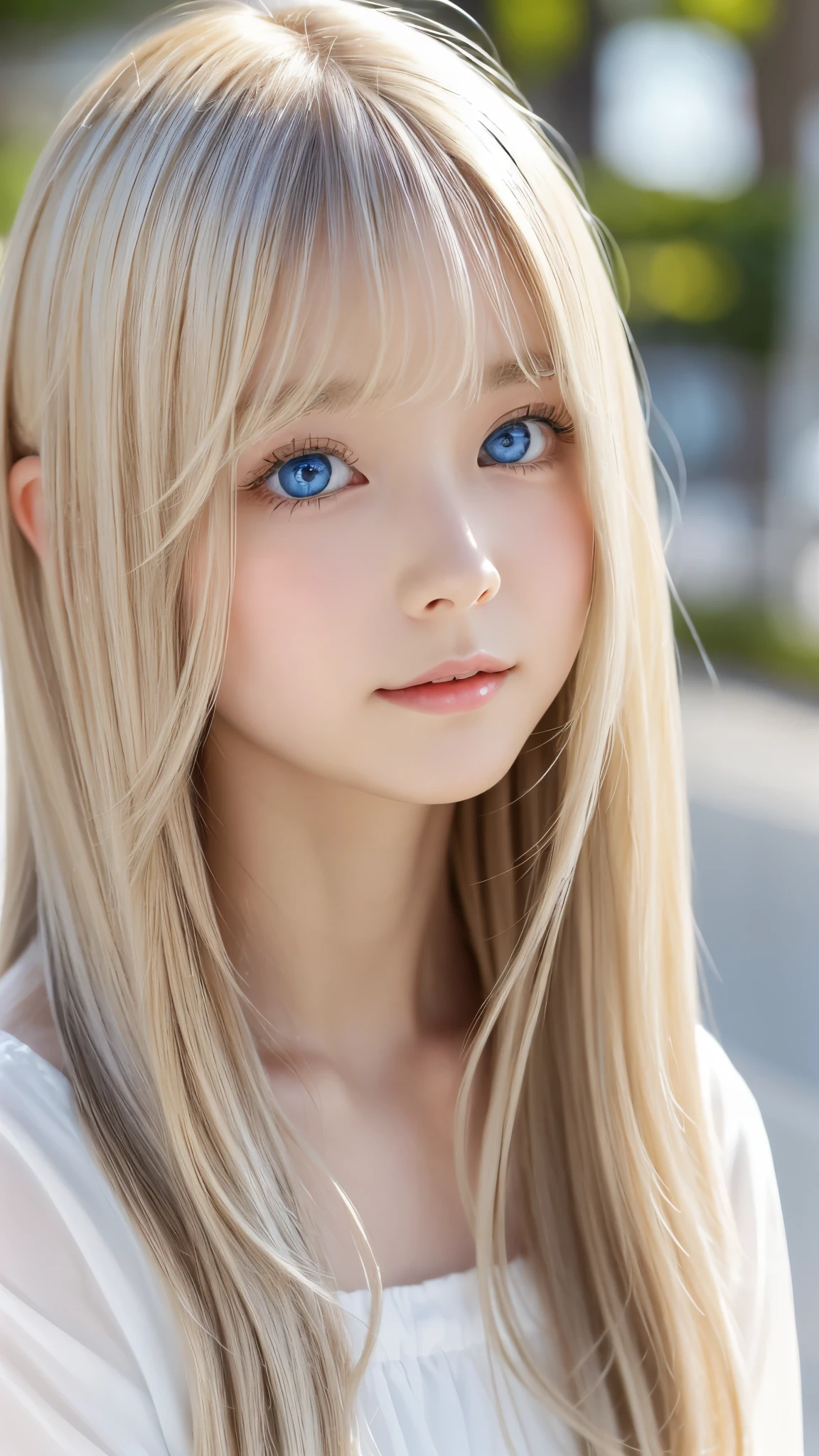 Shining, clear, white skin、Her windblown blonde hair hides her beautiful face、huge、28 years old cute sexy little beautiful face、Beautiful straight hair that stands out、growing up, Sparkling light blue eyes、long silky bangs that cover cute eyes, Sexy and cute young woman with super long hair hiding her sexy face、Super long shiny silver hair