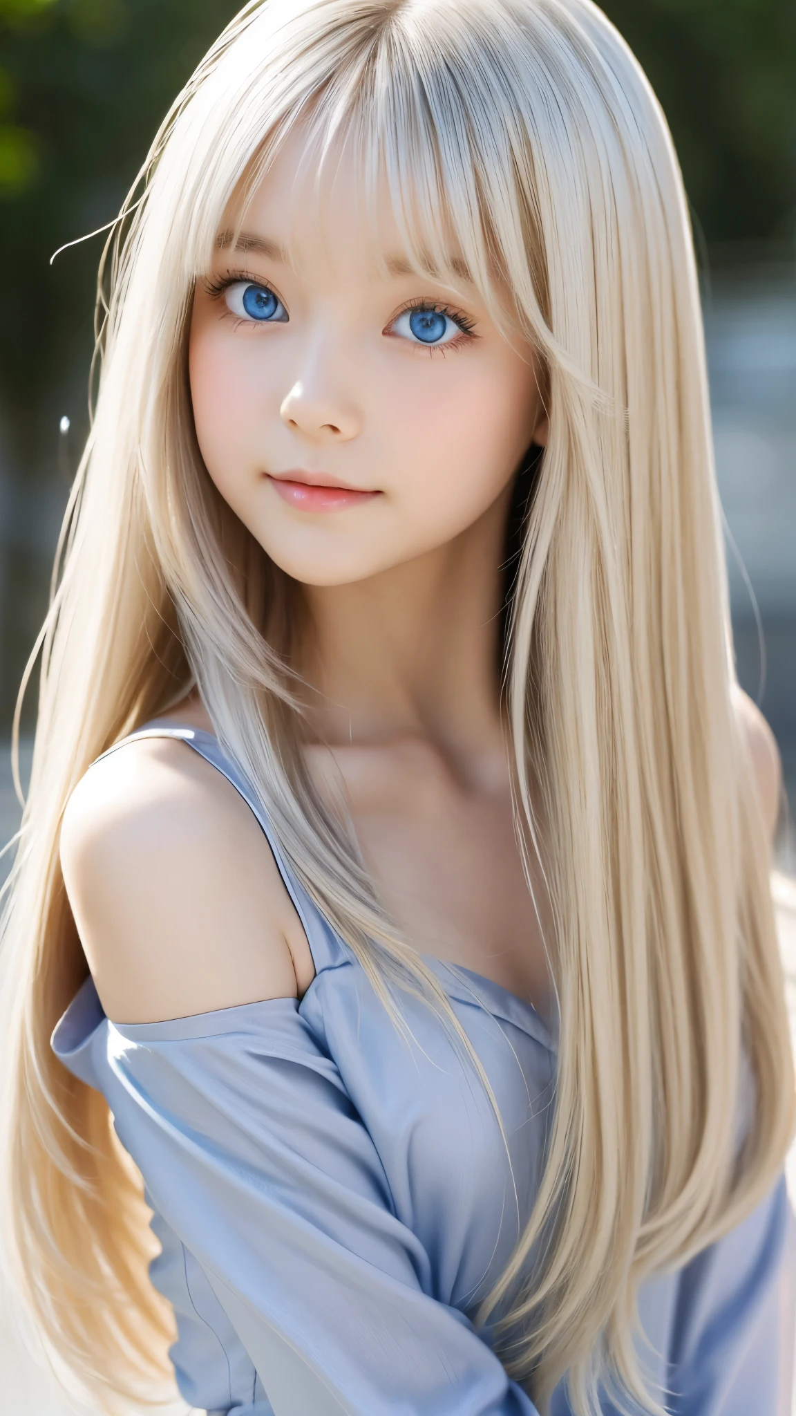 Shining, clear, white skin、Her windblown blonde hair hides her beautiful face、huge、28 years old cute sexy little beautiful face、Beautiful straight hair that stands out、growing up, Sparkling light blue eyes、long silky bangs that cover cute eyes, Sexy and cute young woman with super long hair hiding her sexy face、Super long shiny silver hair