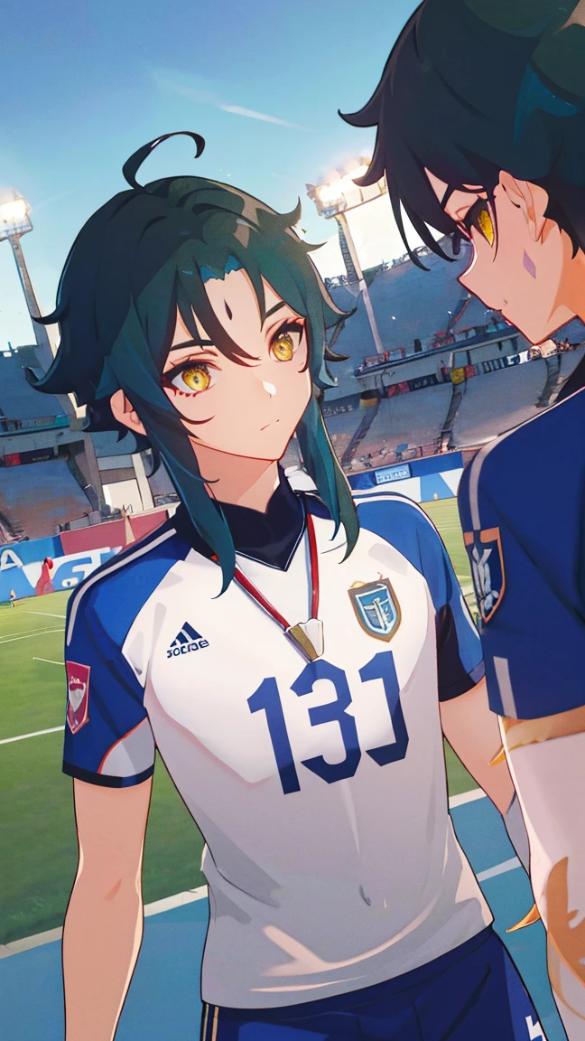 2 boys,dark green hair,highest quality,masterpiece,excessive,male focus,yellow eyes,beautiful eyes,beautiful boy,School,between men,Spouse,soccer club members,Blue soccer uniform,soccer,high school,soccer uniform,blue clothes,soccer court,teammate,same clothes,shoulder to shoulder,feminine,good friend,best image quality,