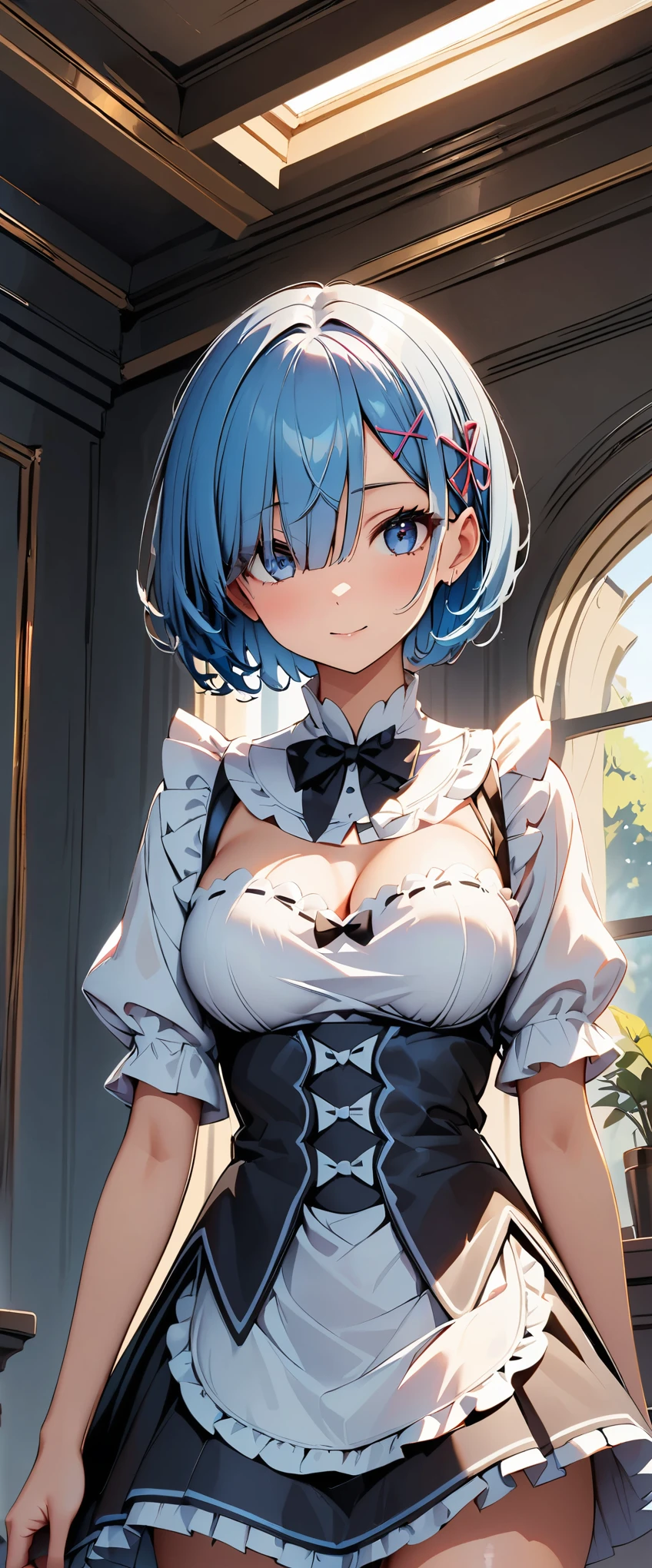 highres, sharp focus, pixiv masterpiece, ((intricate details)), highly detailed, upper body, 1girl, rem_re_zero, blue hair, short hair, maid uniform, hair ornament, cleavage, maid headdress, detached sleeves, ribbon,,