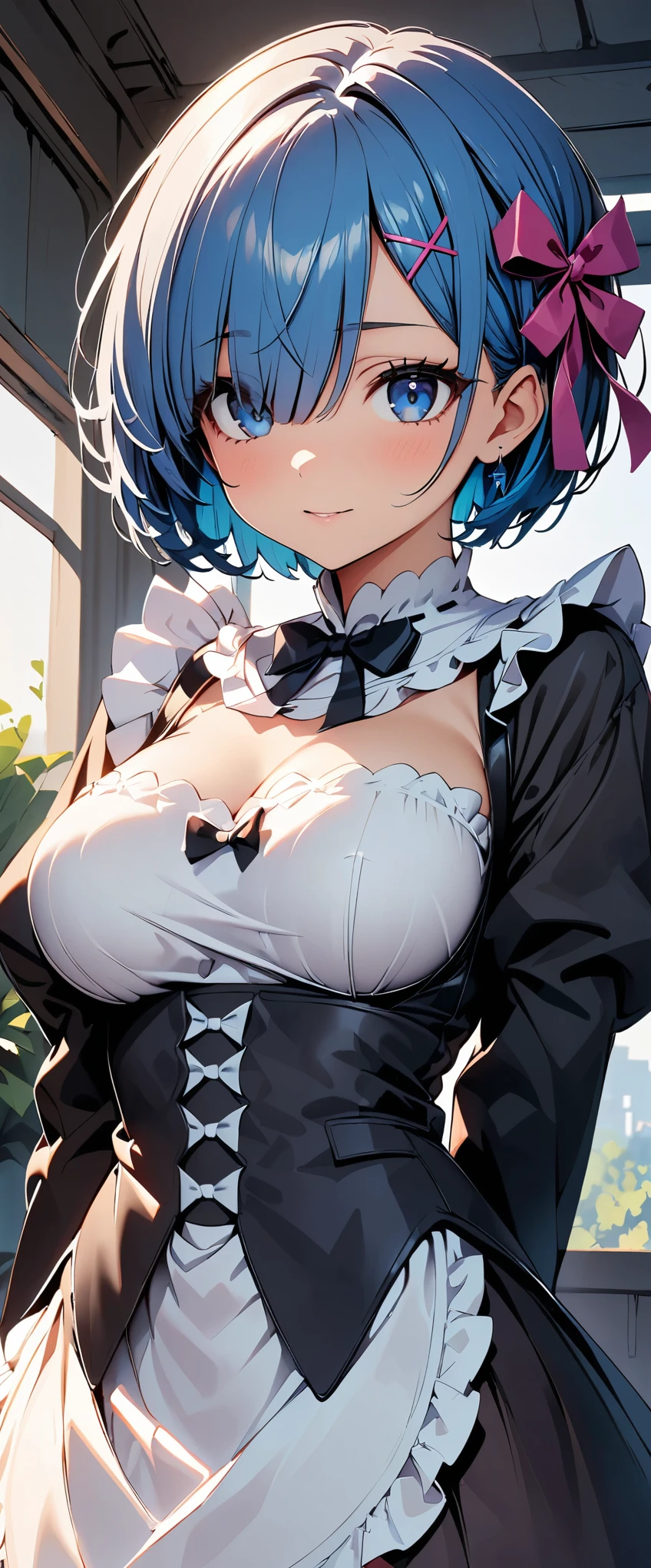 (masterpiece:1.2), hyper detail, best quality, (intricate_details:1.1), beautiful detailed, beautiful hair,short cut hair, solo, 1girl,Rem,(sweating:1.2),(steam:1.4),heavy breathing,steam,blush,shoulder,((maid)),cleavage,dark,backlighting, shoulder focus,full body,breasts focus,greasy breasts,breasts focus, shoulder focus,lying on bed,BREAK skirt lift,white panty,open mouth,pussy line