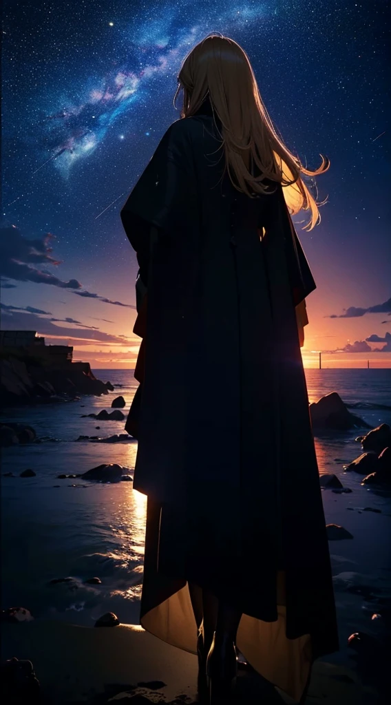 1people々々々々々々々々,Blonde long-haired woman,Long coat, Dress Silhouette, Rear View,Space Sky, The boundary between sea and space,