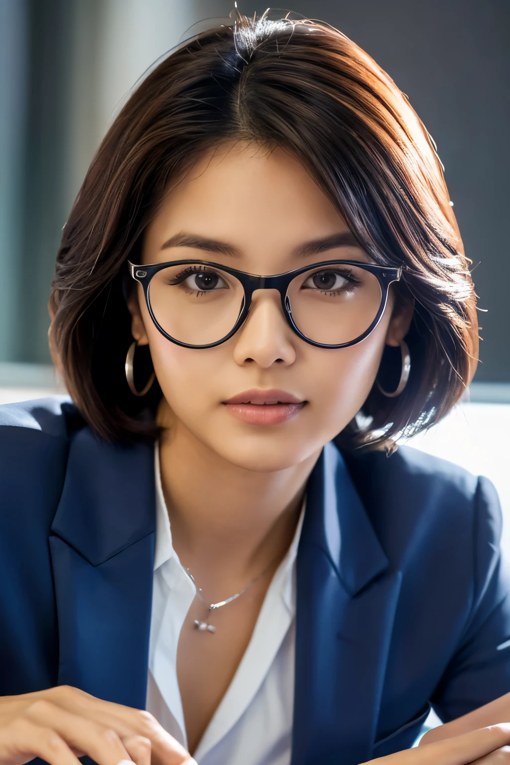 High resolution, Highly detailed photos, Ultra-realistic, Professional Lighting, Detailed bust, 8k wallpaper, Tabletop, highest quality, A young Filipina woman,28 years old, Beaver, Look at the viewers, business suit, shirt, Silver-rimmed glasses, Earrings, necklace, Shapely bust, Bokeh Depth of Field, Put your arms down, Breasts pressed together