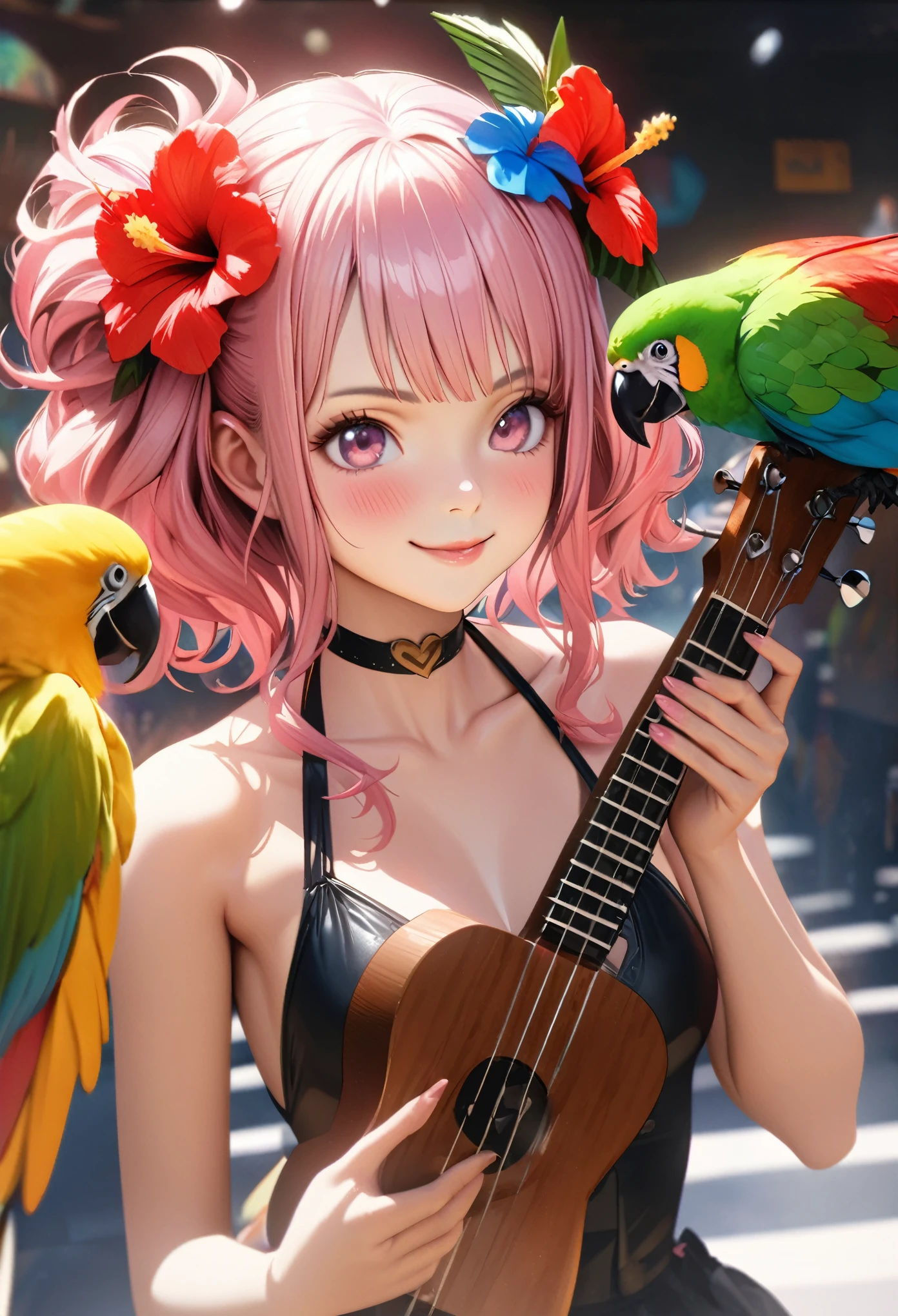 masterpiece, 最high quality, expensively detailed, expensive resolution, an expensive resolution, expensive resolution, 4K, 8k, unity 8k wallpaper, expensively detailed cg, masterpiece, Realistic, Beautiful details, depth, Fine texture, high quality: 1.3, Total concentration, Crisp skin, he, Very cute anime, Cute like an idol, Tall and long pink hair, One Girl, Aloha One Piece,ukulele、Colorful parrots、 greeting, Hibiscus Hair Accessories, smile, long pink hair, whole body , heの目の下のほくろ, Line Sight, expensive, blush, Lips parted, heart, Pink Eyes, choker