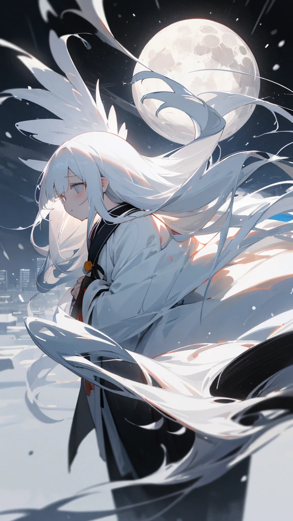 (masterpiece、highest quality)、Very long white hair、Very long white hairの女の1人、Black cardigan、Grim expression、Grey Eyes、Warm lighting、 Blurred foreground、night深く、High Contrast、night、In the city,it's snowing,Heavy snowfall,winter,Alone in the vast snowy field,whole body,curse,Facing forward,Huge construction,Flying with robot wings,Long Hair,真っ黒なnight,full moon,universe,Princess Kaguya,planet
