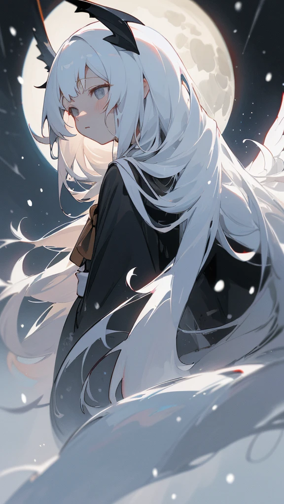 (masterpiece、highest quality)、Very long white hair、Very long white hairの女の1人、Black cardigan、Grim expression、Grey Eyes、Warm lighting、 Blurred foreground、night深く、High Contrast、night、In the city,it&#39;s snowing,Heavy snowfall,winter,Alone in the vast snowy field,whole body,curse,Facing forward,Huge construction,Flying with robot wings,Long Hair,真っ黒なnight,full moon,universe,Princess Kaguya,planet