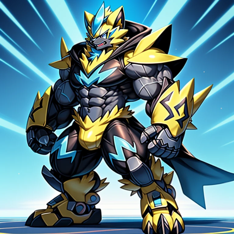 (Pokémon) Zeraora's giant robot. big muscle. GIANT. pecs, triceps, traps, waist narrow.
body full of huge muscles.
bulge in the crotch,
He wears a black cloak on his back.
The cloak is so long that it touches the ground,
The claws are sharp,
Sharp teeth, Protecting Zeraora's design and color scheme.
Wearing cyberpunk mecha,
Its full plate armor emphasizes the muscles.
glowing wide and heavy armor,
He wears the same armor as himself from head to foot.
a furry hero.