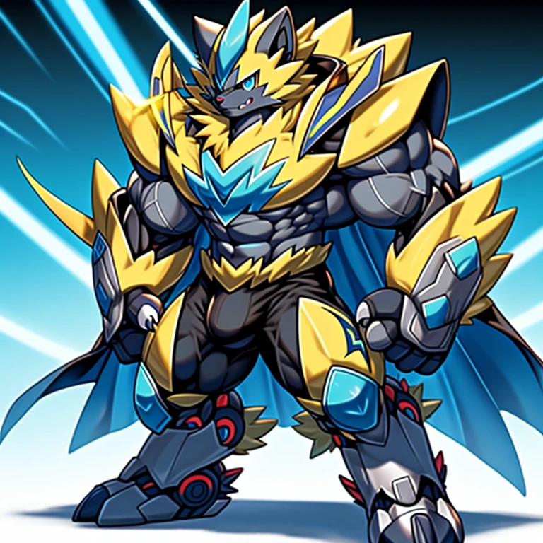 (Pokémon) Zeraora's giant robot. big muscle. GIANT. pecs, triceps, traps, waist narrow.
body full of huge muscles.
bulge in the crotch, 
He wears a black cloak on his back. 
The cloak is so long that it touches the ground, 
The claws are sharp,
Sharp teeth, Protecting Zeraora's design and color scheme.
Wearing cyberpunk mecha,
Its full plate armor emphasizes the muscles.
glowing wide and heavy armor,
He wears the same armor as himself from head to foot.
a furry hero.