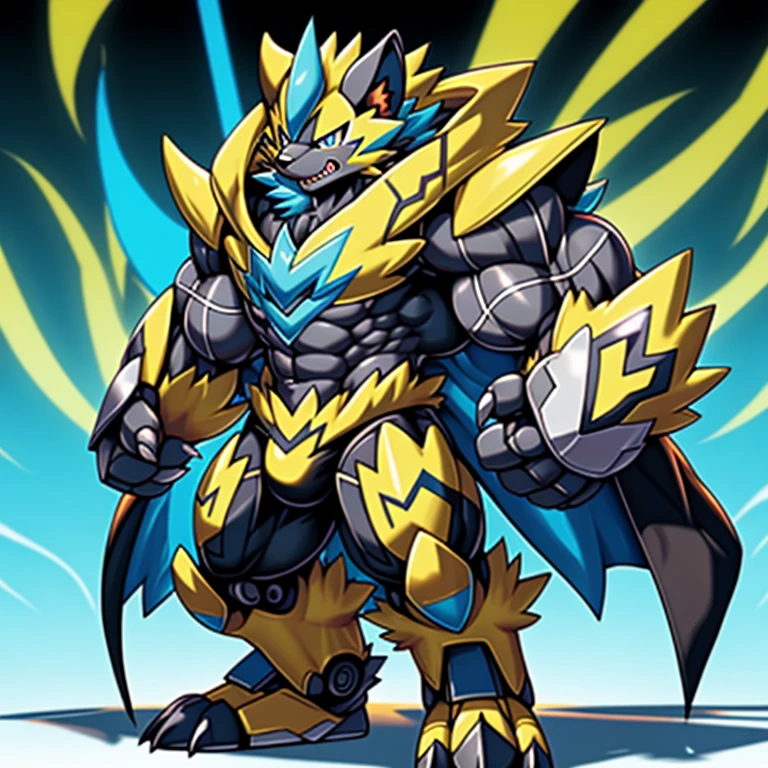 (Pokémon) Zeraora's giant robot. big muscle. GIANT. pecs, triceps, traps, waist narrow.
body full of huge muscles.
bulge in the crotch,
He wears a black cloak on his back.
The cloak is so long that it touches the ground,
The claws are sharp,
Sharp teeth, Protecting Zeraora's design and color scheme.
Wearing cyberpunk mecha,
Its full plate armor emphasizes the muscles.
glowing wide and heavy armor,
He wears the same armor as himself from head to foot.
a furry hero.