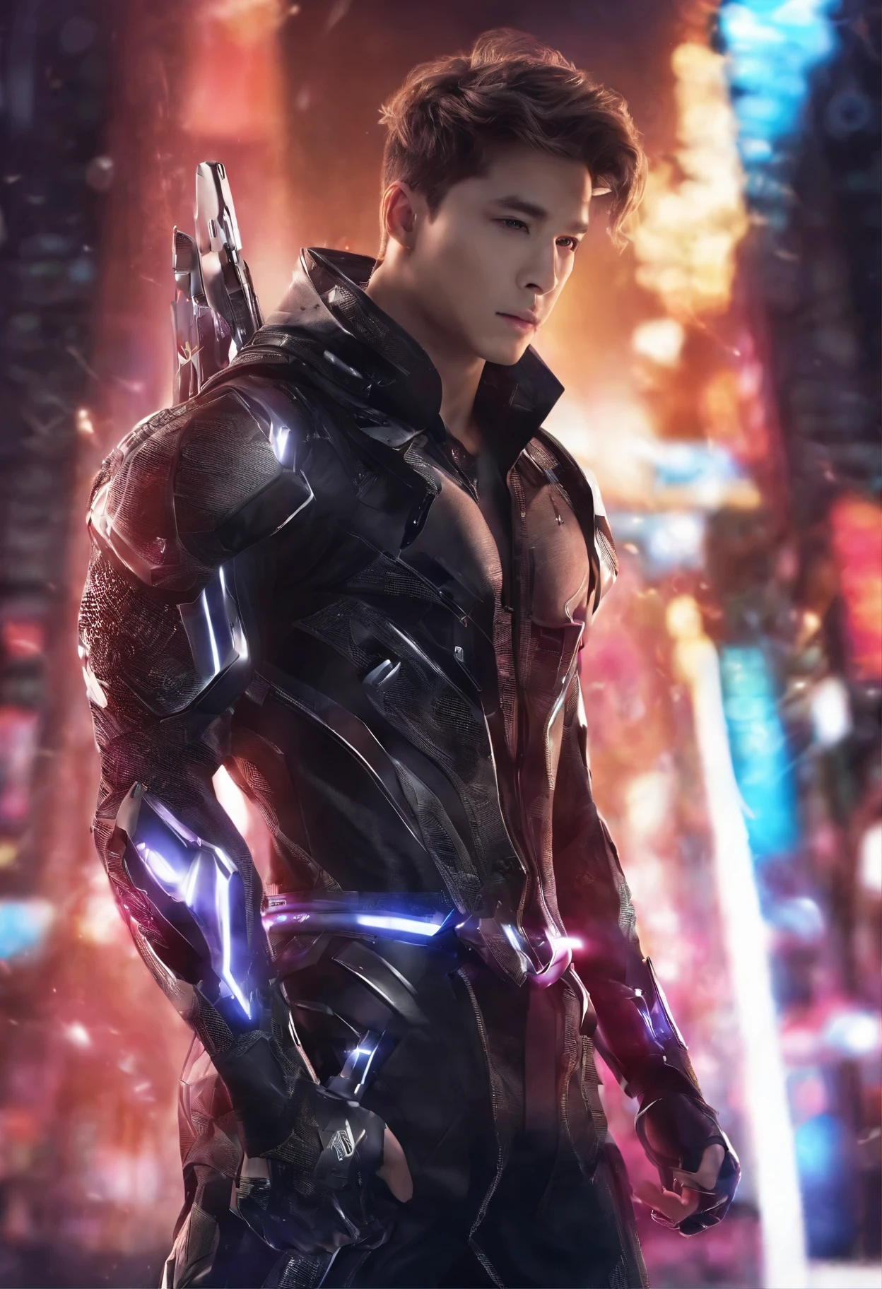 8K, masutepiece, Raw photography, Best Quality, Photorealistic, Highly detailed CG Unity 8K wallpapers, depth of fields, Cinematic Light, Lens Flare, Ray tracing, (Very beautiful and charismatic face, Beautiful lips, Beautiful eyes), intricately detailed face, (Ultra detailed skin), 1 man, In nature, In the deep shadows, Beautiful European Man, Kpop Idol, 1 male, (very strong and muscular body:1.3), (looking at audience), (Great determined appearance) :1.3), (Sleeveless), (Fashion City Night, a dark night, neon signs, Blurred background), Fashion Street Night, (The person behind々:1.3), Beautiful earrings, Bracelets, Necklace, pantyhose, Clear eyes, Walking, (pale skin), (Big eyes), Face forward, (upperbody shot), (loose-fitting clothes:1.3), (Brown hair), (Bosch Clothing, (Transparent), (looking at audience:1.3) Very strong ,, back turned, (Back shot), Transparent, Medium hip.