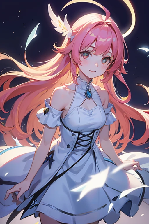 (masterpiece, best quality, highres, anime, lacus4), 1girl, solo, long hair, dress, hair ornament, pink hair, cleavage, blue eyes, off-shoulder, white dress, MEDIUM breasts, smile, open mouth, wrestler, slim belly