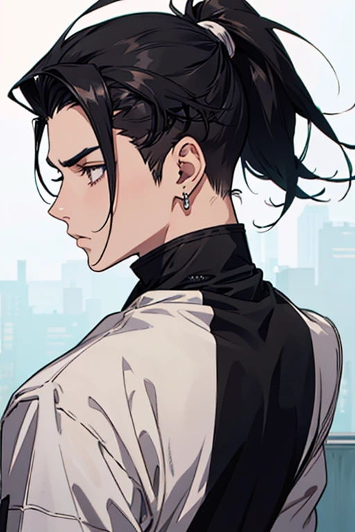 anime man gradient anime young black hair ponytail low back shaved on the sides turns the hair to the left side in the middle serious face with black earrings sweatshirt