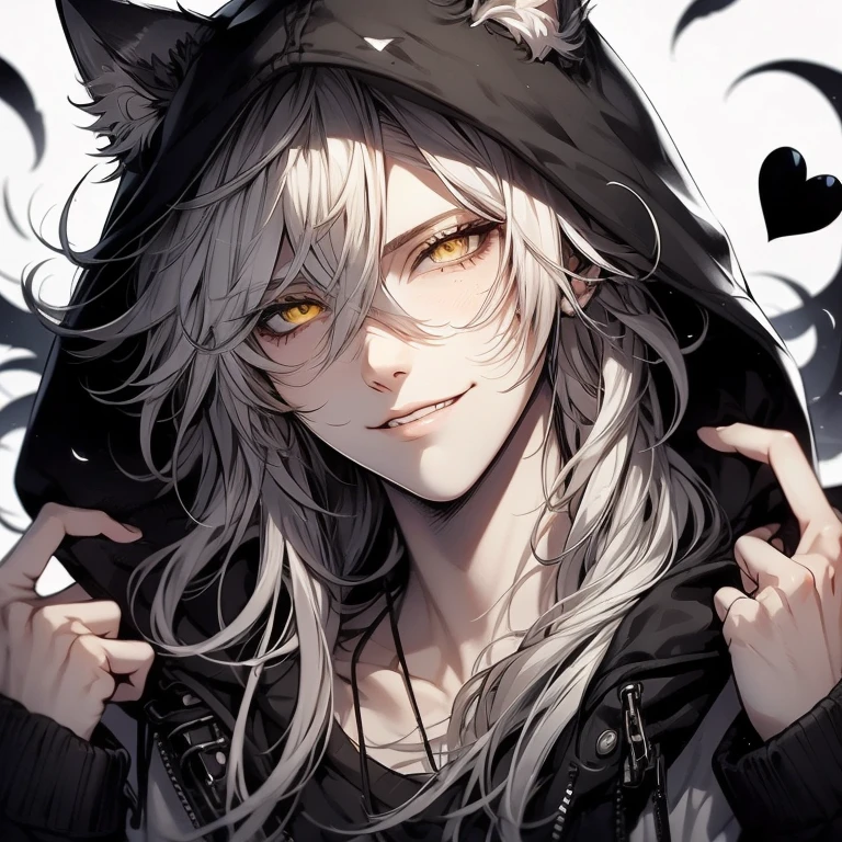 Beautiful youth, Wicked Smile, Silver Hair, Yellow Eyes, Long Hair, Long, narrow eyes, Black hoodie with wolf ears, White Background, Dog Pose, Raise your shoulders, Flying black heart,high quality, Draw Amount, Pixiv illustration