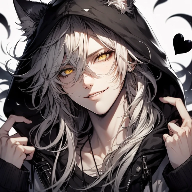 Beautiful youth, Wicked Smile, Silver Hair, Yellow Eyes, Long Hair, Long, narrow eyes, Black hoodie with wolf ears, White Background, Dog Pose, Raise your shoulders, Flying black heart,high quality, Draw Amount, Pixiv illustration