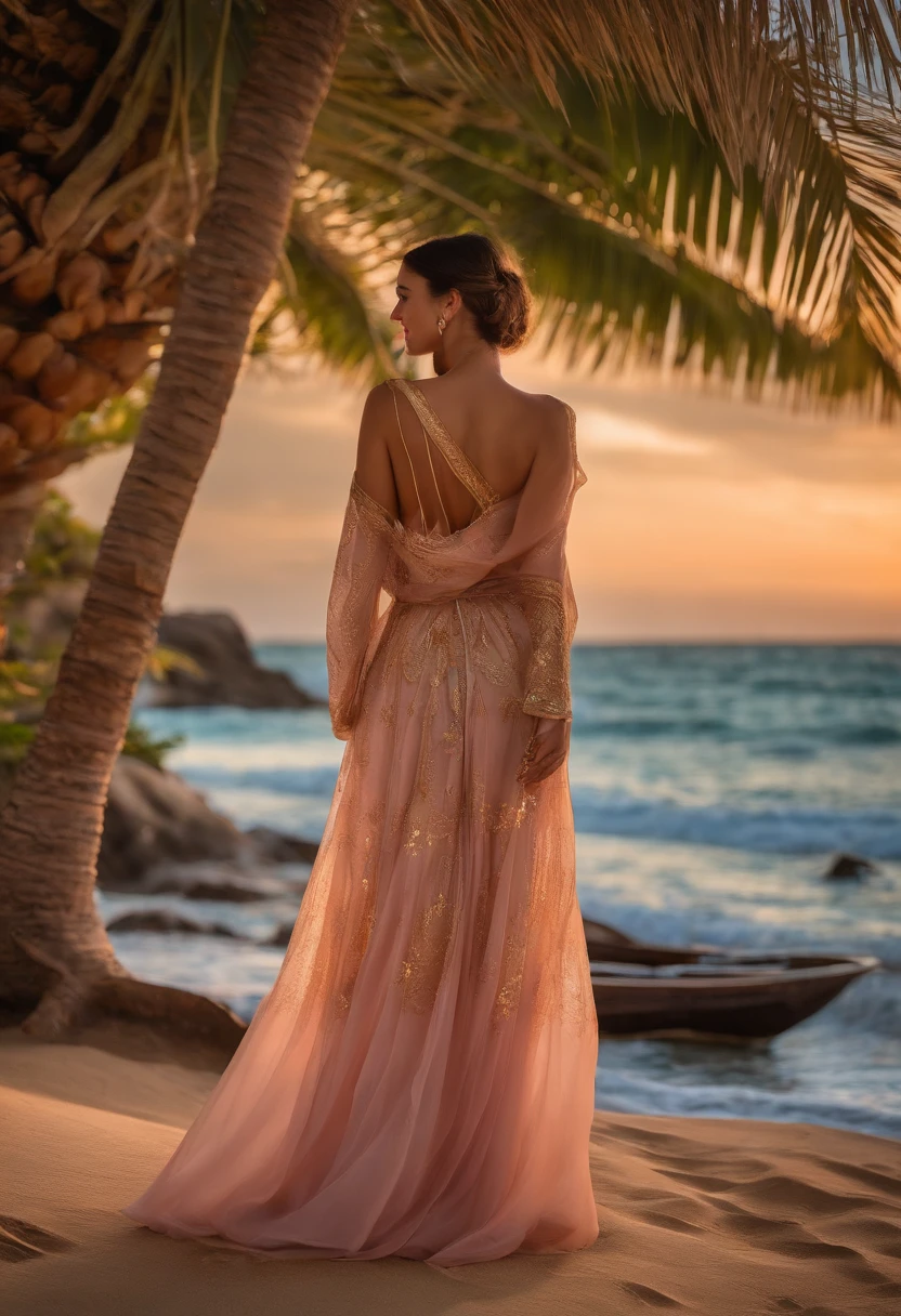 A beautiful sunset on a sandy beach, with palm trees swaying gently in the breeze. The color of the sky is bright, with shades of orange, pink and purple blending perfectly. The golden rays of the setting sun warmly illuminate the view, creating a serene and peaceful atmosphere.

The sand on this beach is soft and fine, with small shells scattered everywhere. The ocean waves gently hit the shoreline, creating a soothing sound. The clear blue water stretches as far as the eye can see, inviting you to take a refreshing dip.

In the distance you can see traditional fishing boats, with colorful sails billowing in the wind. These boats are decorated with intricate patterns and designs, showcasing the country's rich artistic heritage. The fishermen on board skillfully caught many fish in the crystal clear water.
Standing a 28 year old woman, facing the camera, a shady Melancholy face, smiling faintly. She wore a long dress that was not tight, black, with a graceful and elegant pattern, long sleeves, covering her chest, a beautiful dress, as beautiful as a dream. wearing a black headscarf, or headscarf, including a beautiful Tribal motif of gold thread typical of Middle Eastern weaving, at the bottom of the dress and the lower sleeves of the dress.

As night approaches, the sky transforms into a stunning display of stars. Constellations twinkle above, creating a mesmerizing view. The moon rose slowly, casting a soft silver light across the landscape. Palm trees sway gently in the evening breeze, creating a soothing rustling sound.

The overall image is of the highest quality, with ultra-detailed textures and vibrant colors. Every element of the scene is carefully crafted to create a realistic and immersive experience. The lighting is soft and natural, adding depth and dimension to the image.

In terms of artistic style, the scenes are a mix of landscape and photography, capturing beauty and serenity. The color palette is warm and inviting, with a focusing on the woman.