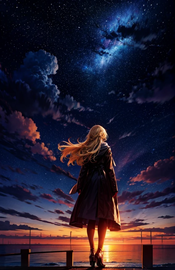 １people々々々々々々々々々々々,Blonde long-haired woman，Long coat， Dress Silhouette， Rear View，Space Sky, , Anime Style, sunset，The boundary between sea and space，