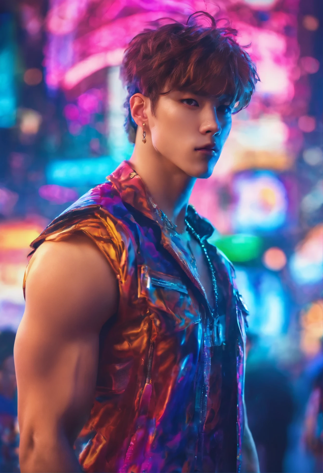 8K, masutepiece, Raw photography, Best Quality, Photorealistic, Highly detailed CG Unity 8K wallpapers, depth of fields, Cinematic Light, Lens Flare, Ray tracing, (Very beautiful and charismatic face, Beautiful lips, Beautiful eyes), intricately detailed face, (Ultra detailed skin), 1 man, In nature, In the deep shadows, Beautiful European Man, Kpop Idol, 1 male, (very strong and muscular body:1.3), (looking at audience), (Great determined appearance) :1.3), (Sleeveless), (Fashion City Night, a dark night, neon signs, Blurred background), Fashion Street Night, (The person behind々:1.3), Beautiful earrings, Bracelets, Necklace, pantyhose, Clear eyes, Walking, (pale skin), (Big eyes), Face forward, (upperbody shot), (loose-fitting clothes:1.3), (Brown hair), (Bosch Clothing, (Transparent), (looking at audience:1.3) Very strong ,, back turned, (Back shot), Transparent, Medium hip.