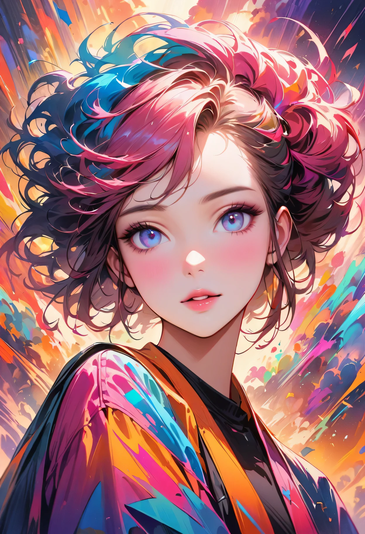 A beautiful girl,portrait,Beautiful hairstyle,Color coordination,Watercolor-like rendering,Happy and energetic atmosphere,A fun and modern twist,Geometric shapes,Trendy pattern,Bold and contrasting colors,Expressive brushstrokes,Vibrant composition,Dynamic lines and angles,abstract elements,Eye-catching details and textures,Professionally produced,Pop Art Inspired,An explosion of colors and shapes,Loose and expressive,The color palette is rich and vibrant,Playful and lively atmosphere,Real and vivid performance,masterpiece:1.2,Ultra Detailed,lifelike:1.37,Vivid colors,Clear focus,Defocused。