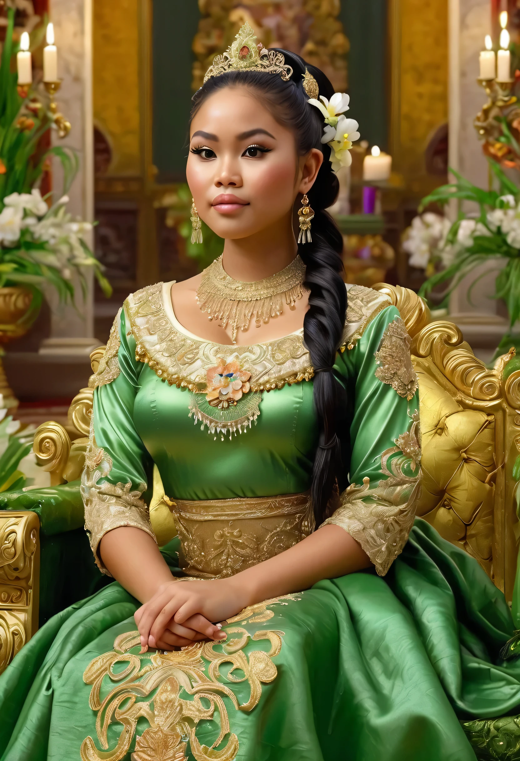 make a photo of a 300dpi oil painting of a beautiful Indonesian woman chubby with a round face, long hair tied on top of a decoration, wearing clothes like a green and gold palace princess, sitting on a throne, beside many palace decorations, flowers, a fountain and a colorful candles, magnificent luxury palace background, full HD photo, clear flawless contrast, front focus 16k ultra, HD