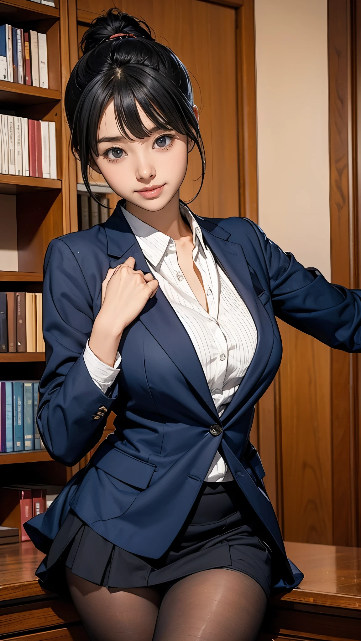 1 girl、A beautiful girl with her black hair up is staring at me..、Please smile just a little、Idol level cuteness、、Pick up your long skirt with both hands.、Show me your pants、thin、Big Breasts、Healthy Thighs、Navy Blue Blazer、white blouse inner、Navy long skirt、Black lace panties、Black Pantyhose、at the library、Knee-length、Cowboy Shot、Anatomically correct、Accurate Fingers、Accurate Rimbuster Piece、Accurately drawn faces、Photographic reality、