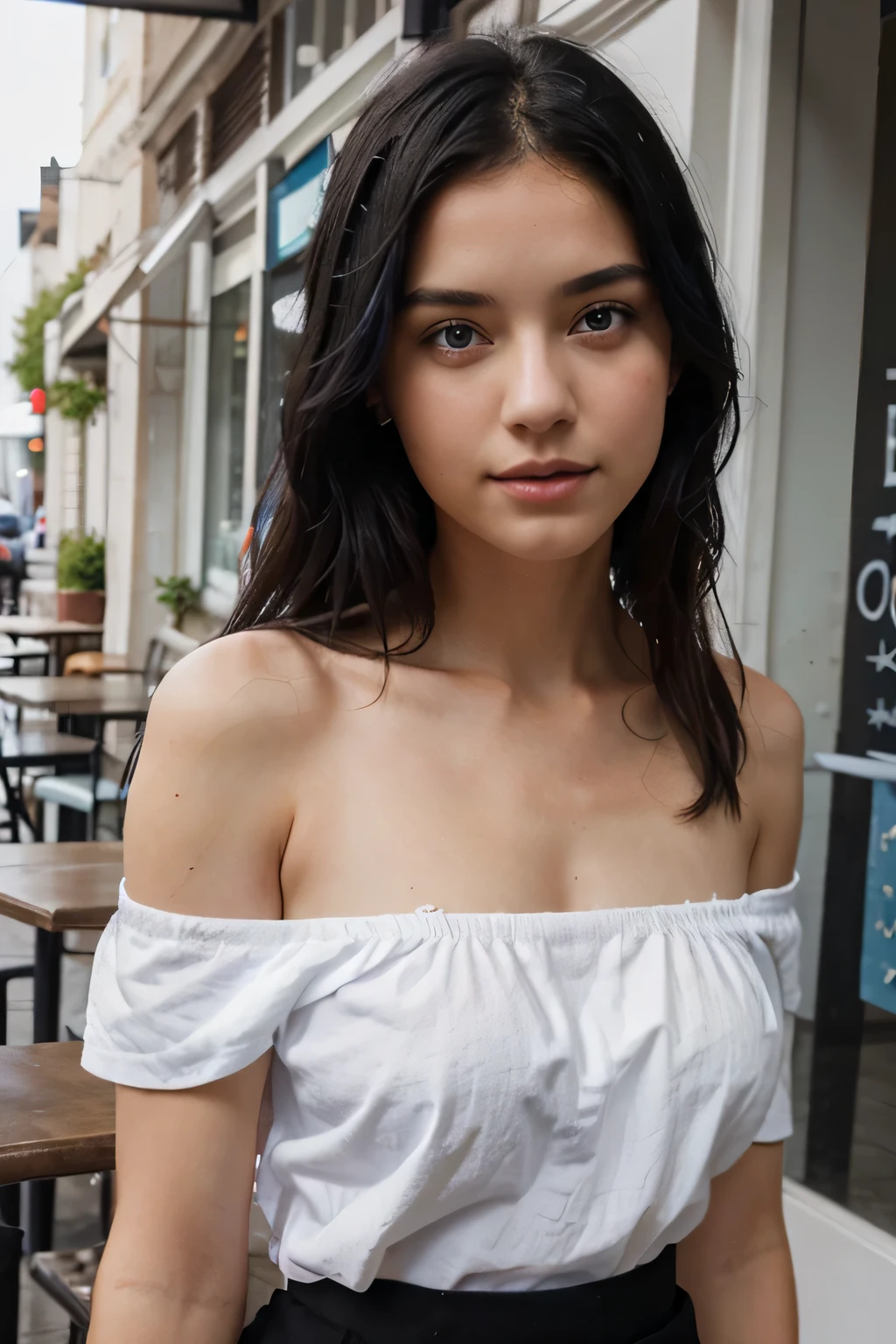 1girl, black hair, blue eyes, wearing plain white shirt one off the shoulder, looking at camera, outside a cafe