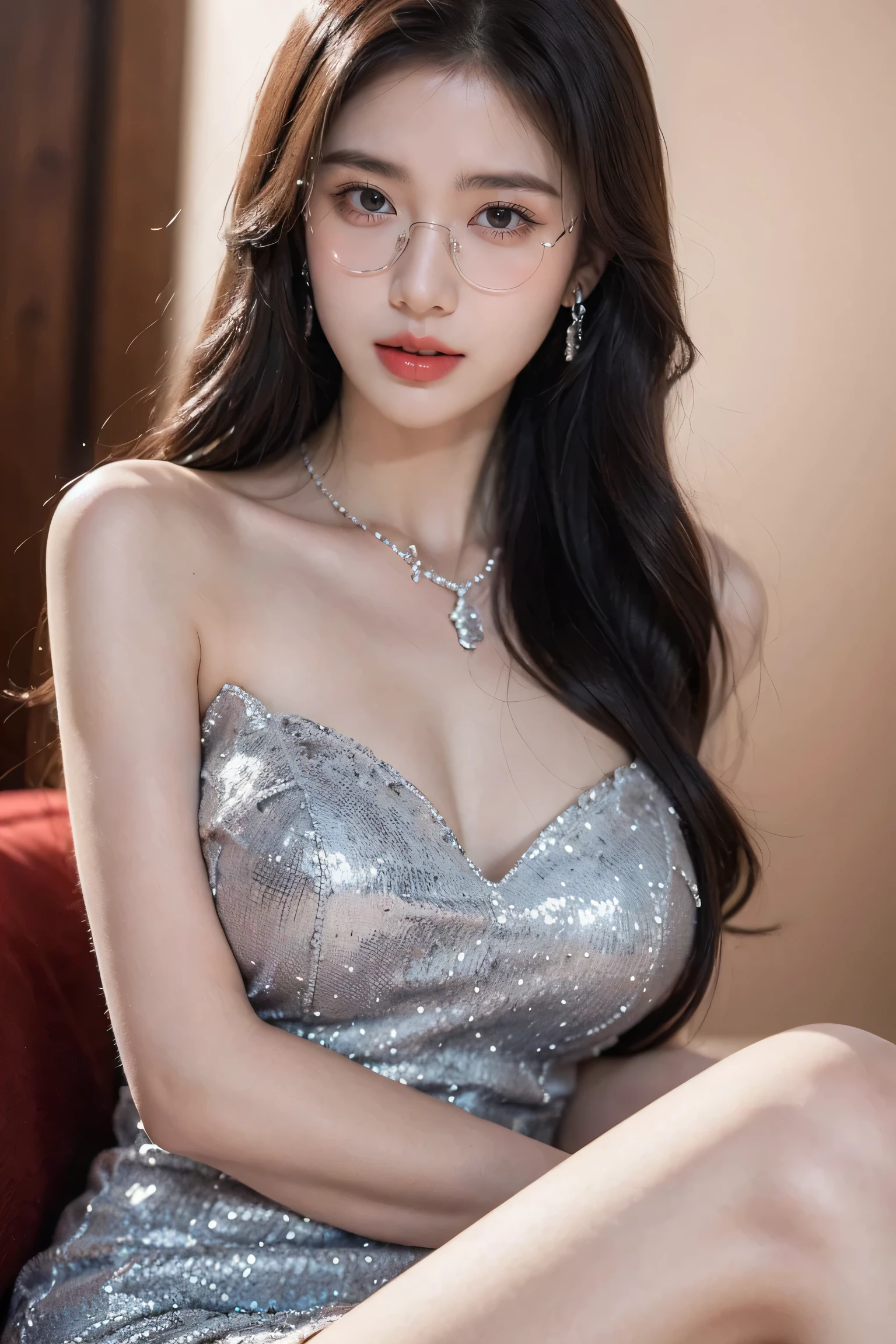 Top CG, Highest image quality, masterpiece, Gentle and beautiful girl, (185cm美女), (fit), Imperial sister, Queen temperament, White skin, ((Long legs)), perfect facial features, Bright Eyes, Seductive pose, Red lips, Beautiful and cold (A major breakthrough)), Beautiful and heroic, Soft and long hair, sparkling, Lace, net, Visible through clear skin, wear glasses, diamond earrings, ruby neckLace, (Blue evening dress), 8K Image Quality, (Realistic Portraits), Characters fill the screen, (Facial lighting), ((eternity)