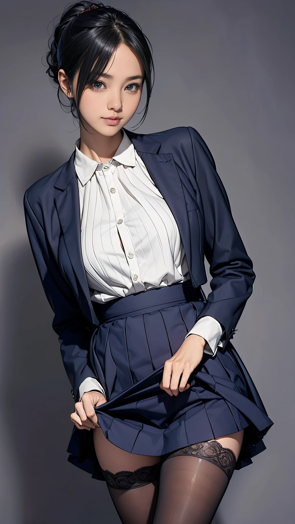 1 girl、A beautiful girl with her black hair up is staring at me..、Please smile just a little、Idol level cuteness、Baby Face、Pick up your long skirt with both hands.、Show me your pants、thin、Big Breasts、Healthy Thighs、Navy Blue Blazer、white blouse inner、Navy long skirt、Black lace panties、Black Pantyhose、at the library、Knee-length、Cowboy Shot、Anatomically correct、Accurate Fingers、Accurate Rimbuster Piece、Accurately drawn faces、Photographic reality、
