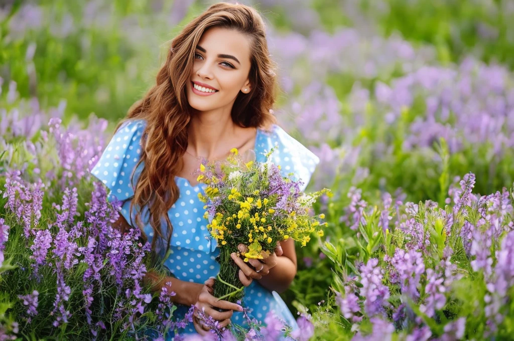 A lady in a blue dress holds a bouquet of flowers, in a field There are flowers, woman among flowers, Girl in the flowers, There are flowers, Girl in the flower field, In a field of flowers, Girl in the flower field正面照, Girl in the flower field肖像, 坐在Girl in the flower field, standing in a field There are flowers