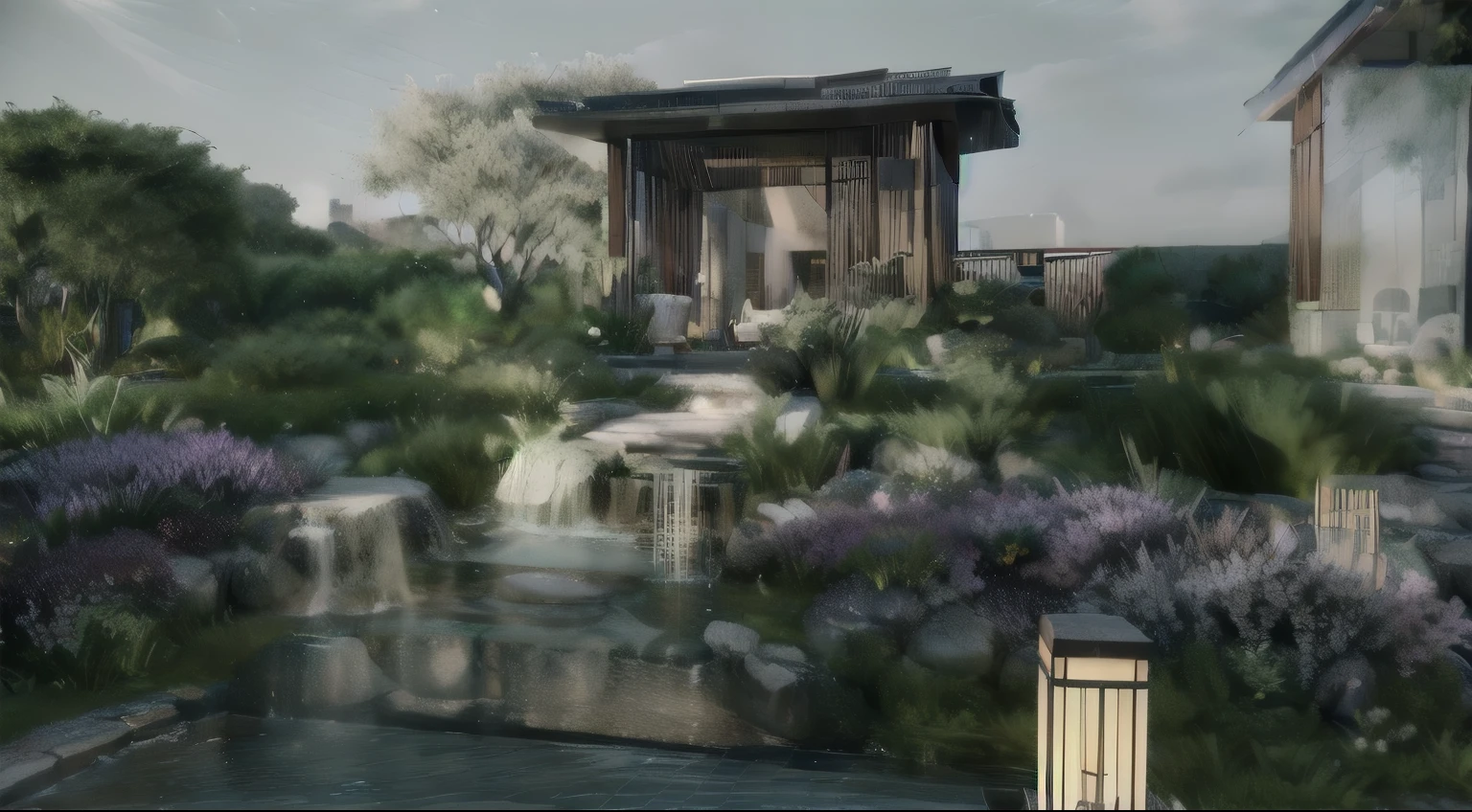 There is a small garden there，There are purple flowers and rocks inside, Realistic Garden, Rendering, 在 lumion 中Rendering pro, 在 Enscape 中Rendering, Japanese Garden, 高度详细的Rendering, 亮度Renderinging, garden environment, 完全详细Rendering, 亮度Rendering, 在 lumion 中Rendering, beauti完全详细Rendering, 非常详细的Rendering, Is transparent, Highly detailed scenes