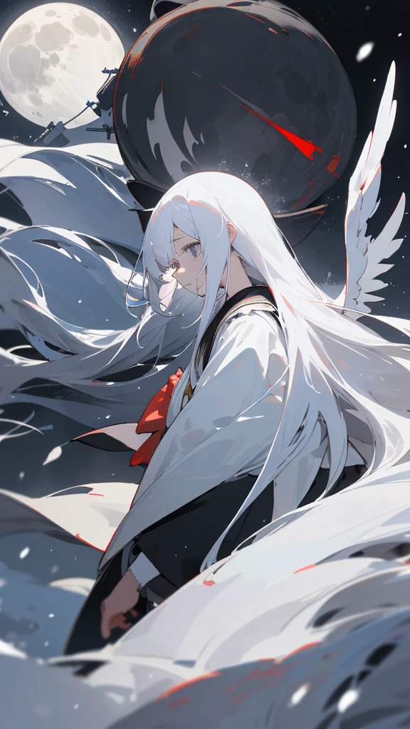 (masterpiece、highest quality)、Very long white hair、Very long white hairの女の1人、Black cardigan、Grim expression、Grey Eyes、Warm lighting、 Blurred foreground、night深く、High Contrast、night、In the city,it&#39;s snowing,Heavy snowfall,winter,Alone in the vast snowy field,whole body,curse,Facing forward,Huge construction,Flying with robot wings,Long Hair,真っ黒なnight,full moon,universe,Princess Kaguya,planet