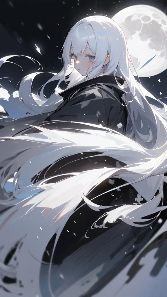 (masterpiece、highest quality)、Very long white hair、Very long white hairの女の1人、Black cardigan、Grim expression、Grey Eyes、Warm lighting、 Blurred foreground、night深く、High Contrast、night、In the city,it&#39;s snowing,Heavy snowfall,winter,Alone in the vast snowy field,whole body,curse,Facing forward,Huge construction,Flying with robot wings,Long Hair,真っ黒なnight,full moon,universe,Princess Kaguya,planet